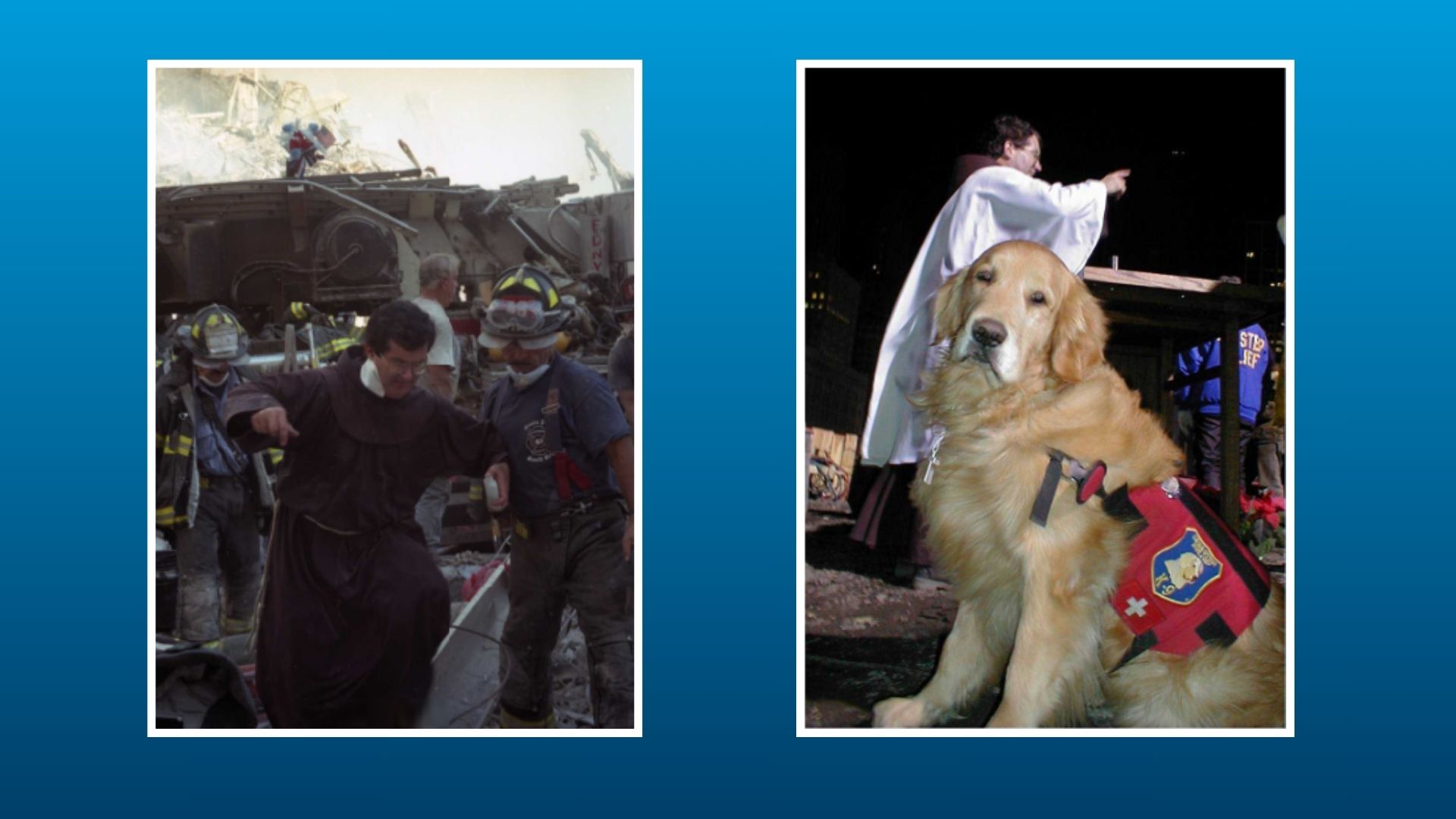 two photos of Father Jordan side by side on a blue background. Left is in action and right is with a dog in the foreground