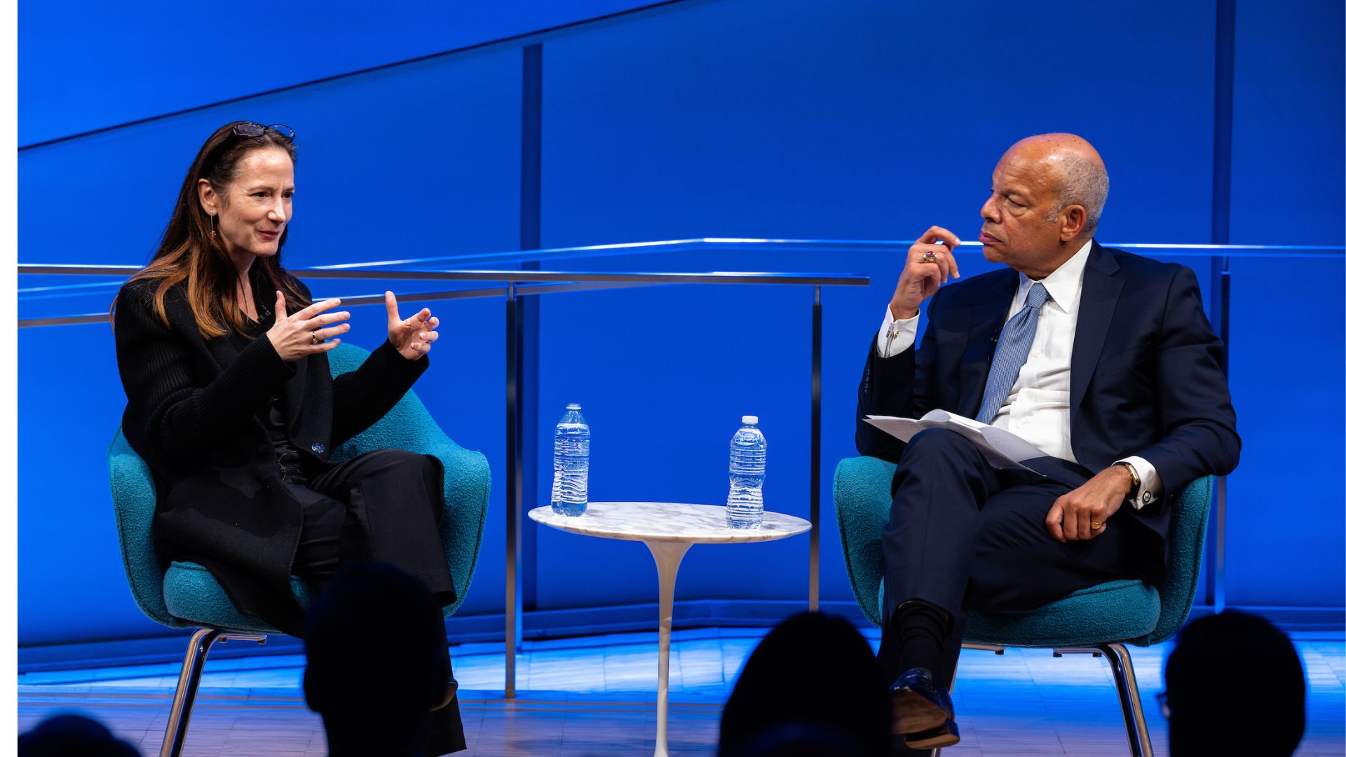 Avril Haines (left) on stage with Jeh Charles Johnson