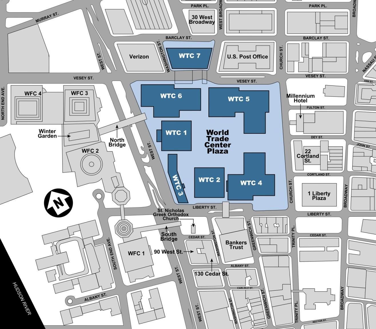 Black and white vector map of lower Manhattan with World Trade Center complex in the center, identified in light blue. The seven buildings part of the complex are identified in dark blue.  