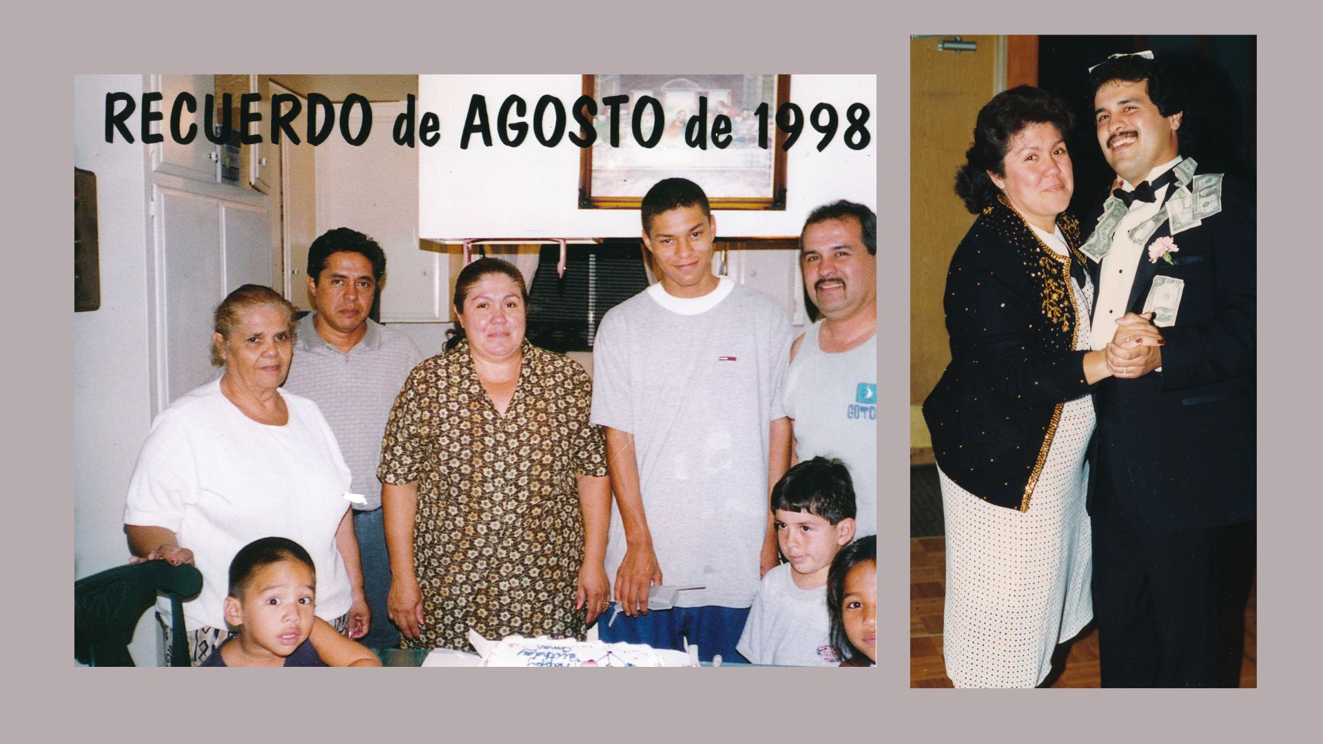 Two images set against a gray background. Left: A family gathers around a table. Right: A couple dances at a wedding. 