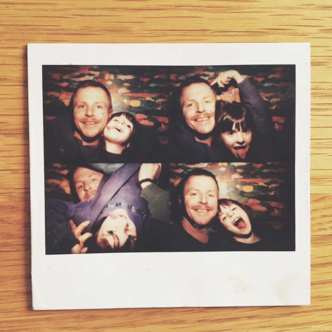 Photo booth images of a mustached man and his daughter making funny faces