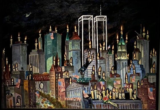 The painting shows the Twin Towers as ghostly figures, appearing just as white outlines of the iconic structure. The ghostly structure is surrounded by colorful and whimsical buildings which are adorned with candles.